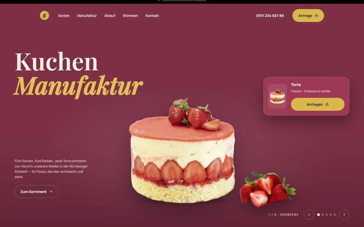 Konzeptstudie Kuchenmanufaktur: Torte auf farbiger Bühne