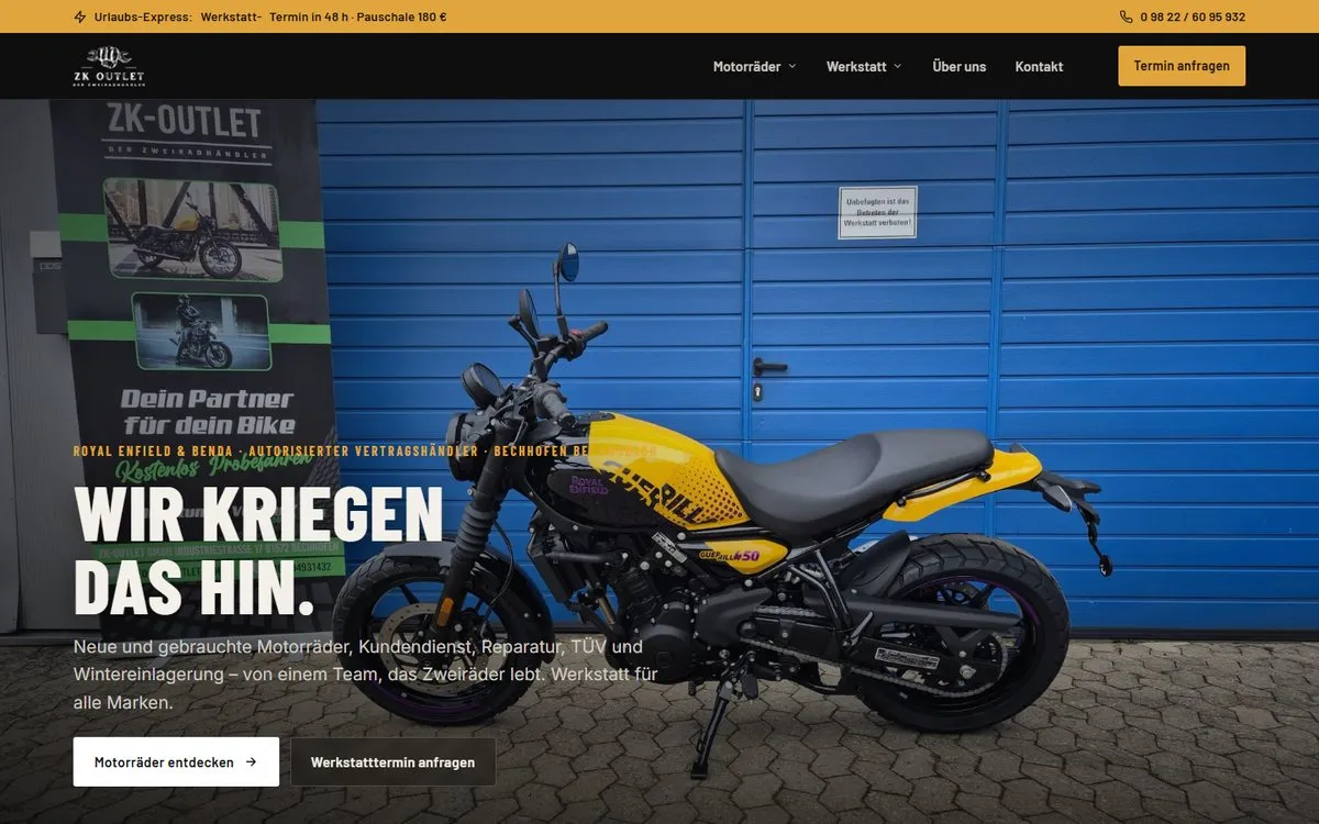 Startseite ZK Outlet: gelbes Motorrad vor blauem Werkstatttor, Überschrift „Wir kriegen das hin.“