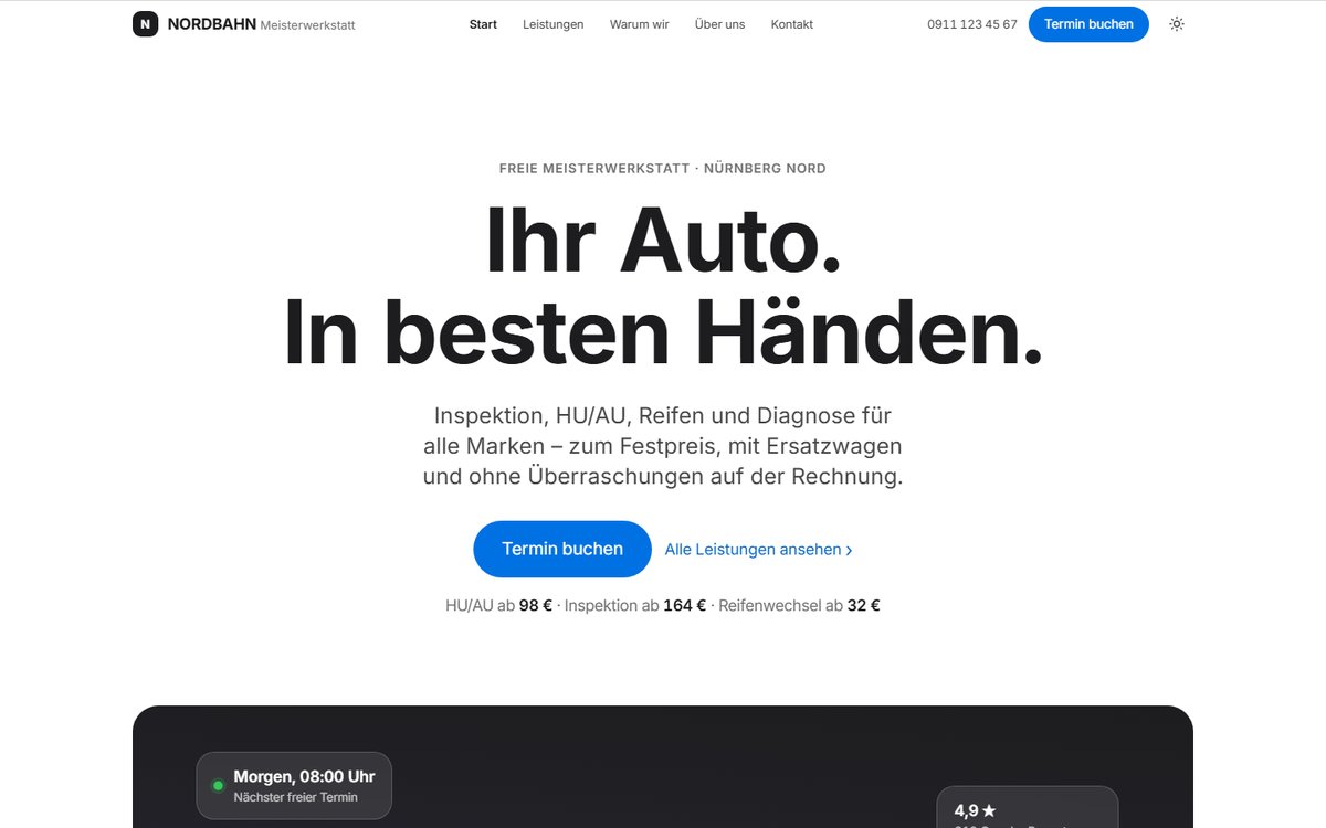 Startseite der Beispielwebseite NORDBAHN Meisterwerkstatt, helle Ansicht